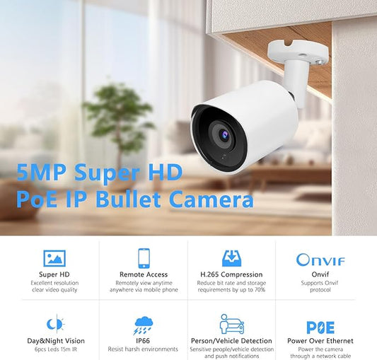 5MP PoE IP Security Camera, H.265 Bullet IP Camera with 105° Wide Angle, 2.8mm Lens, 80ft Night Vision, Compatible with Third-Party NVRs and Software (White)