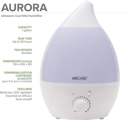 AIRCARE Aurora Ultrasonic Cool Mist Humidifier, Whisper-Quiet between 8-24 hours, Seven Color LED Night Light, Essential Oil Tray and Automatic Shut-Off for Baby, Nursery or Bedroom (White, 1 gal)