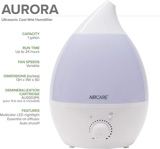 AIRCARE Aurora Ultrasonic Cool Mist Humidifier, Whisper-Quiet between 8-24 hours, Seven Color LED Night Light, Essential Oil Tray and Automatic Shut-Off for Baby, Nursery or Bedroom (White, 1 gal)