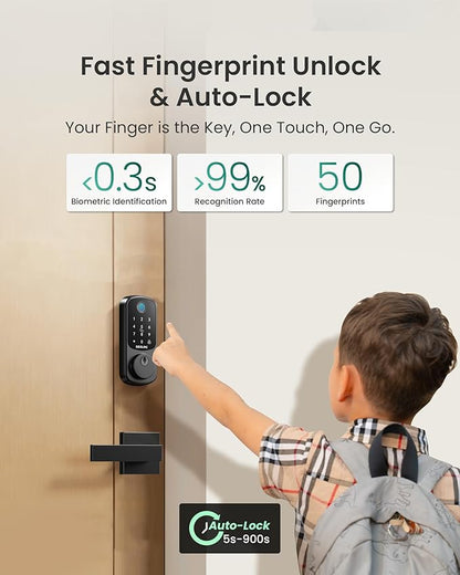 DESLOC B200 Fingerprint Smart Lock with 2 Lever Handles, Keyless Entry Front Door Lock Set, Electronic Keypad Deadbolt, App Control, Auto Lock, Long Battery Life, Secure Home Access