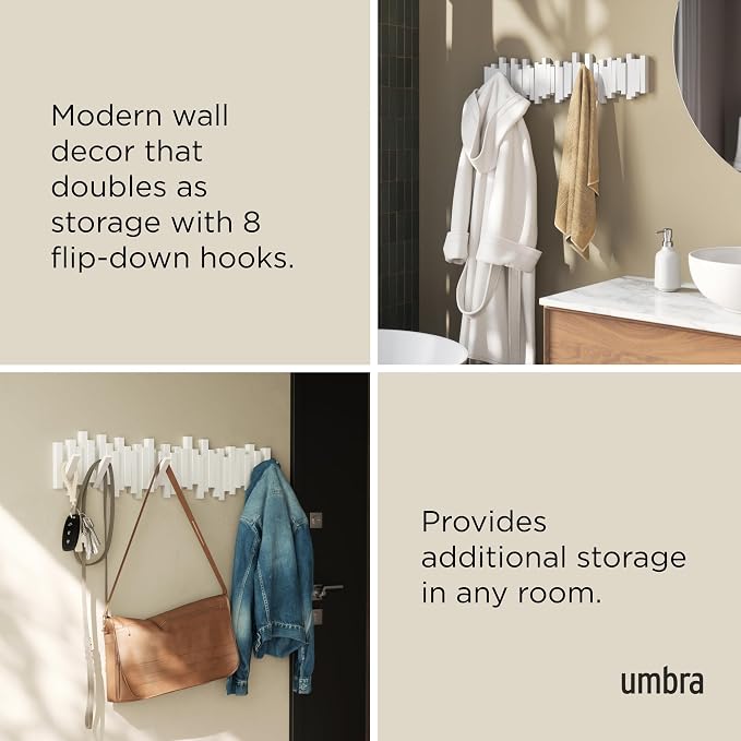 Umbra Sticks Wall Coat Rack, Wall Mount 8 Retractable Hooks, White | Modern sculptural look, holds five pounds each, fits entryways and bedrooms, easy to install, recycled plastic