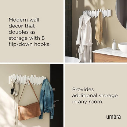 Umbra Sticks Wall Coat Rack, Wall Mount 8 Retractable Hooks, White | Modern sculptural look, holds five pounds each, fits entryways and bedrooms, easy to install, recycled plastic