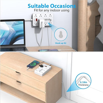 SMNICE Power Strip with USB,Surge Protector Flat Plug with 8 Widely Spaced Outlets and 6 USB Ports(1 USB C), 5ft Extension Cord Wall Mountable Phone Tablet Laptop Computer Multiple Devices