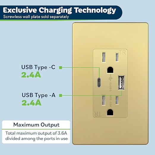 TOPGREENER USB Outlet, 4.2A Type C & Type A Wall Outlet, Gold, 2 Pack | 15 Amp Tamper Resistant Receptacle Plug, Charging Power Outlet with USB Ports, USB Receptacle, UL Listed, Wall Plate Included