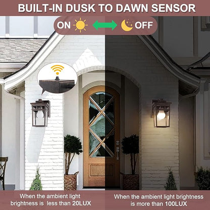 Dusk to Dawn Outdoor Wall Lighting with Outlet,Porch Light with GFCI Outlet Built in,Anti-Rust Alunmium Wall Lantern with Clear Glass Shade,Outdoor Light for House Garage, Bulb Included(Brown)