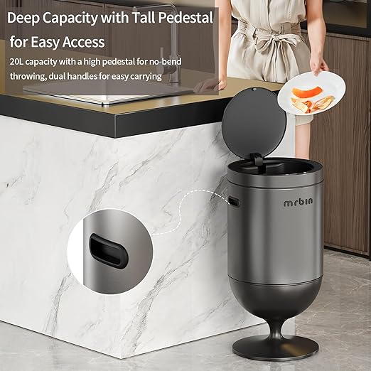 Mrbin Stainless Steel Motion Sensor Trash Can with Lid, 5.3 Gallon Wine Glass Shaped Automatic Waste Basket Touchless, Smart Round Tall Garbage with High Leg for Office, Bedroom, Kitchen, Eclipse Grey