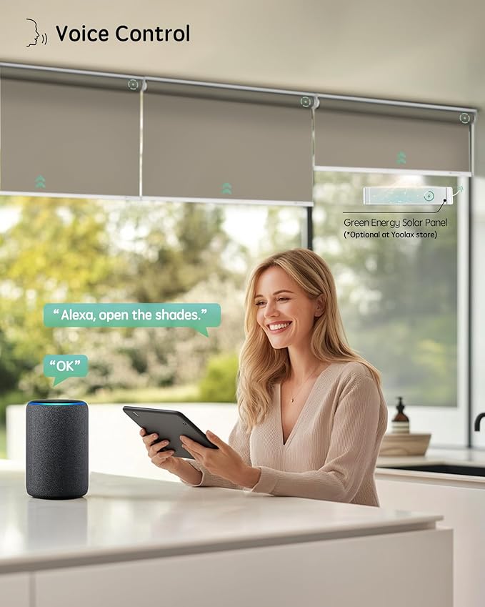 Yoolax Motorized Blinds with Remote, Blackout Smart Roller Shades Work with Alexa, Google, Apple Homekit, Custom Waterproof Automatic Shades with Voice Control for Dining Room (Vinyl Light Coffee)