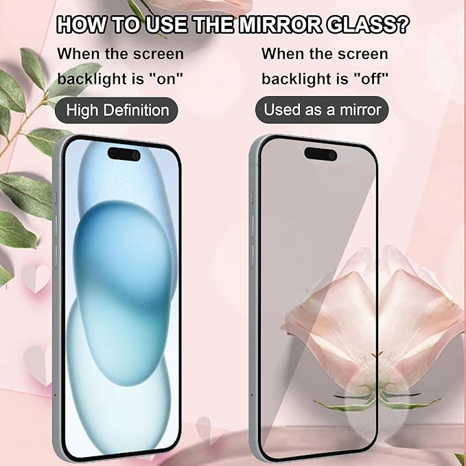 2 Pack compatible with iPhone 15 Plus Privacy Screen Protector Mirror Effect Anti-Spy Mirrored Tempered Glass Film with Easy Installation Alignment Frame Full Coverage Anti Scratch 6.7 inch -