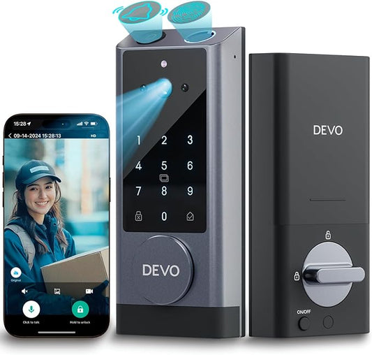 DEVO G1 Video Smart Lock with Camera & Doorbell, 6-in-1 Keyless Entry Door Lock for Front Door with Fingerprint, Auto Locks, App Remote, Wi-Fi Smart Deadbolt Grey