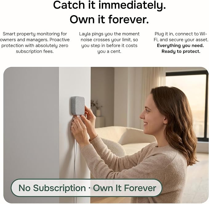 Layla Noise Monitor for Airbnb & Vacation Rentals | AI Occupancy & Noise Sensor, Party Detector, Instant Alerts & Quiet Hours | Privacy-Safe | Pay Once, No Subscription