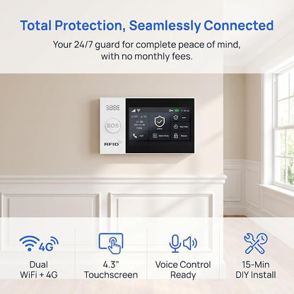 WiFi Wireless Alarm System for Home Security - 24/7 Protection Smart Device | 4.3" Touch Screen, GSM/4G+WiFi, Instant Alerts, Pet Activity Tracking, No Monthly Fee, Alexa Compatible for Home,Apartment