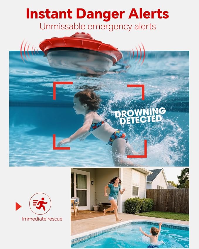 Pool Alarm for Inground & Above Ground Pools – Floating Pool Safety Alarm with 110dB Siren, Adjustable Sensitivity, Weatherproof– Covers up to 20' x 40' – Protects Kids & Pets (Red+Black)