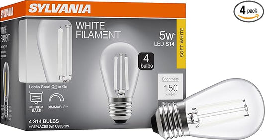 Sylvania S14 Clear LED White Filament Bulb, 2W, Dimmable, 150 LMS, Medium Base, 2700K, Soft White - 4 Pack (42269)