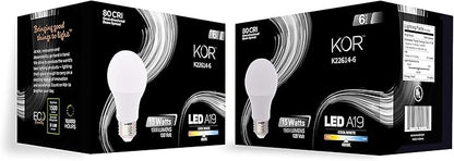KOR 6 Pack A19 LED Light Bulb, 100W Equivalent, 4000K Cool White, 1500 Lumens, Efficient 15 Watt Replacement Bulbs with E26 Standard Base, 10000 Long Life Hours, Non-Dimmable, 80+ CRI, UL Listed