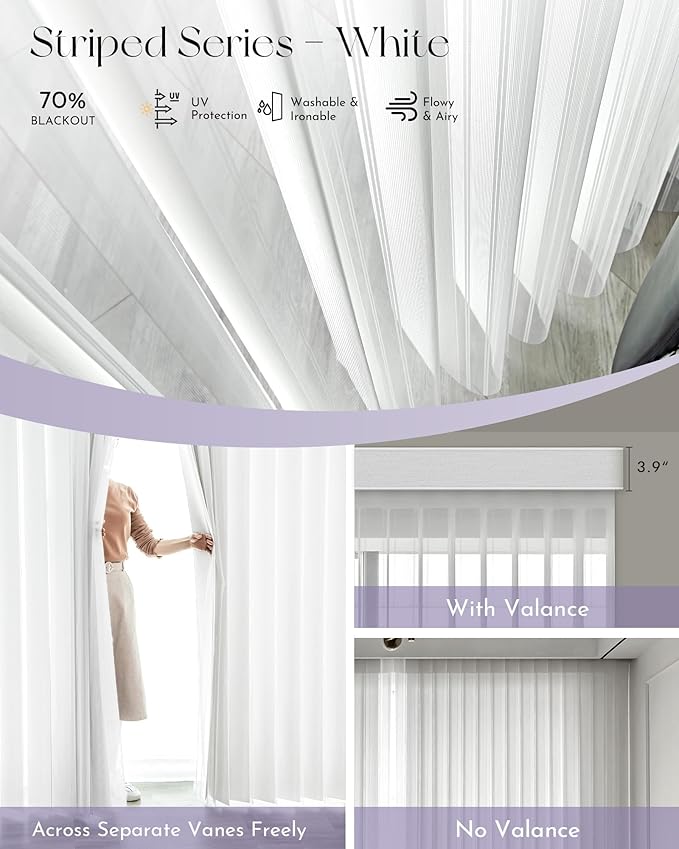 Graywind Motorized Sheer Vertical Blinds Compatible with Alexa Google Smart Sheer Curtain Drapery Privacy Light Filtering Remote Control Vertical Shades, Custom Width Up to 157", Striped White