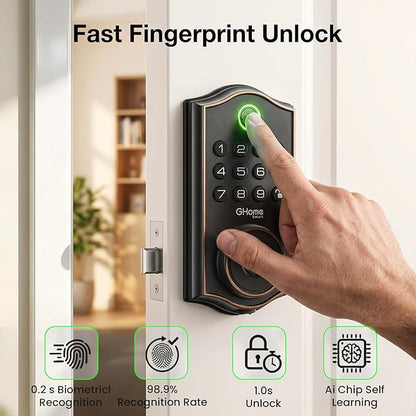 GHome Smart Fingerprint Door Lock for Front Door, 1.0s Unlock AI Self-Learning Keyless Entry Deadbolt with App Control, Keypad, Auto Lock, Digital Code Smart Lock for Home, Airbnb, Apartment, Garage