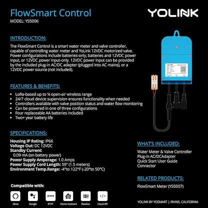 NSF Certified Pulse Meter + Shutoff Valve Kit, 3/4", FlowSmart Controller YS5006 Reads Meter Pulses, Real-Time Usage & Leak Detection, Auto Shutoff (D2D Offline), LoRa Long Range, Hub Included