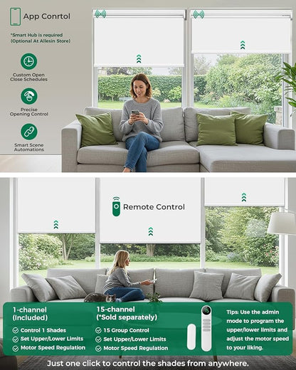 Allesin Motorized Blinds with Remote | Automatic Blackout Roller Shades, Easy Install & Smart Control Electric Blinds for Home Office, Living Room (White 27" W x 72" H)