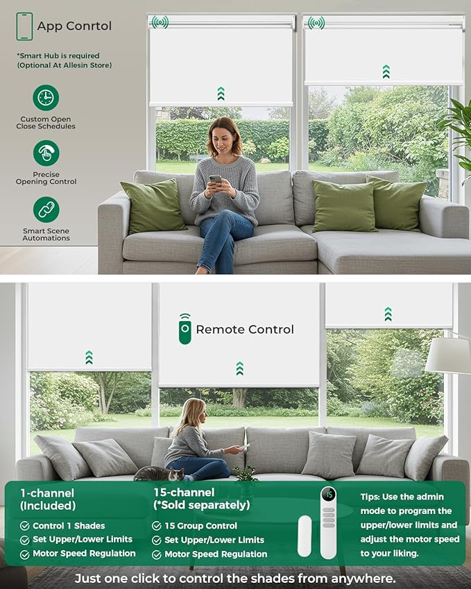 Allesin Motorized Blinds with Remote | Automatic Blackout Roller Shades, Easy Install & Smart Control Electric Blinds for Home Office, Living Room (White 52" W x 72" H)