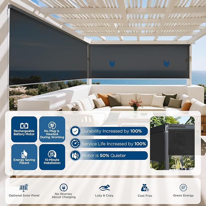 Motorized Outdoor Shades, Custom Patio Roller Blinds with Remote, Smart Exterior Sun Shades Compatible with Alexa, HomeKit, Google Home (5% Openness Black)