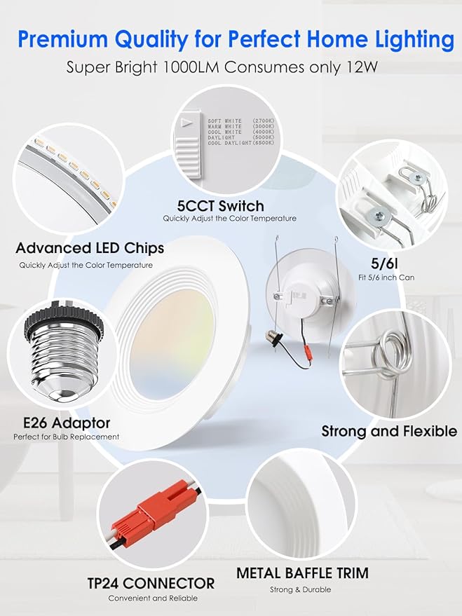 Energetic 12 Pack 5/6 Inch 5CCT LED Recessed Light Retrofit, 2700K/3000K/4000K/5000K/6500K Selectable, Dimmable Can Lights with Baffle Trim, 12W=150W, 1000LM, IC & Wet Rated, ETL & FCC Certified