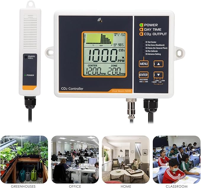 CO2 Controller Carbon Dioxide Controller CO2 Meter Dector Monitor Day and Night CO2 Control Relay Function 4.6m Long Cable Dual Channel Low Drift NDIR Sensor for Green House Grow Room Factory Home Off