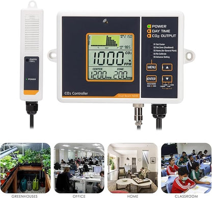 CO2 Controller Carbon Dioxide Controller CO2 Meter Dector Monitor Day and Night CO2 Control Relay Function 4.6m Long Cable Dual Channel Low Drift NDIR Sensor for Green House Grow Room Factory Home Off