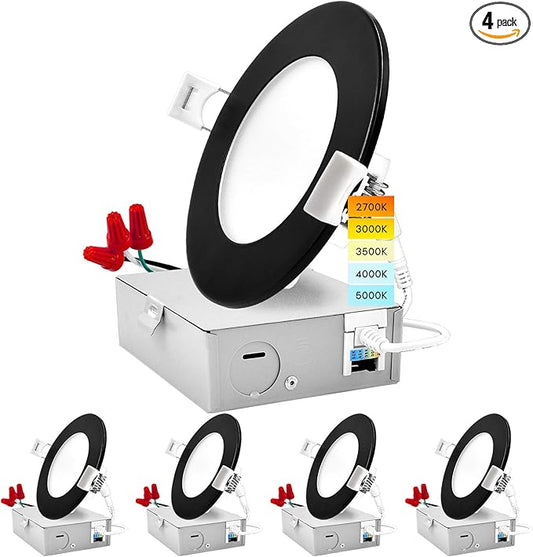 LUXRITE 4 Inch Ultra Thin LED Recessed Light with J-Box, 10W, 5 Color Options 2700K | 3000K | 3500K | 4000K | 5000K, Dimmable Wafer Lights, 750 Lumens, Black Trim, Energy Star, IC Rated (4 Pack)