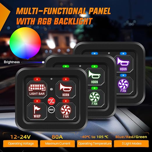 Nilight 4 Gang Switch Panel RGB 12V 24V Circuit Control Relay System | Fuse Wiring Harness Automatic Dimmable LED Pod On/Off Momentary Strobe Modes Universal for Car Pickup Truck Camper SUV