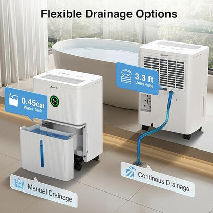 ZAFRO 1600 Sq.Ft Dehumidifiers for Home and Basement with Drain Hose, Ultra Quiet 41dB, Energy Saving Max 21 Pints Dehumidifier with Auto or Manual Drainage, Auto Defrost, Three Modes, Dry Clothes