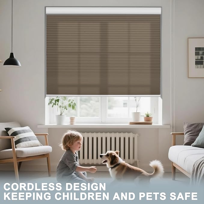 BERISSA Motorized Cellular Shades, Light Filtering Smart Honeycomb Blinds with Remote Control & Hub, Custom Room Darkening Automatic Cellular Window Blinds for Home Office, Living Room, Door,Brown