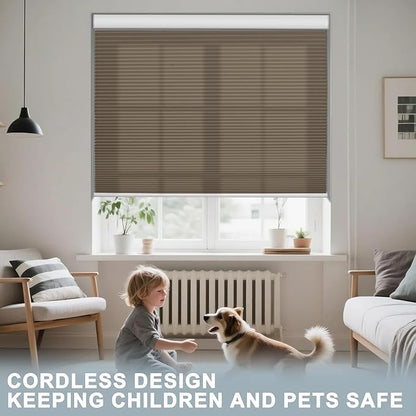 BERISSA Motorized Cellular Shades, Light Filtering Smart Honeycomb Blinds with Remote Control & Hub, Custom Room Darkening Automatic Cellular Window Blinds for Home Office, Living Room, Door,Brown