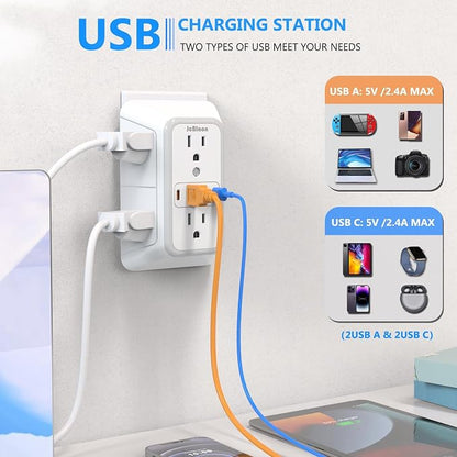 JcBlaon Outlet Extender Surge Protecto, 6 Outlet Extender with 4 USB Ports, 3 Sided 1050J Power Strip, Multiple Plug Expander Wall Charger for Home Office Travel-ETL