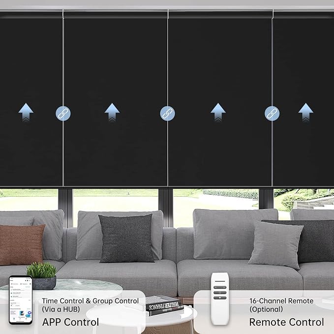 Motorized Coupled Shades, Blackout Smart Blinds for Large Windows Automatic Blinds Compatible with Alexa, Motorized Roller Shades Customized for Bedroom Home Office(Blackout-Fabric Black)