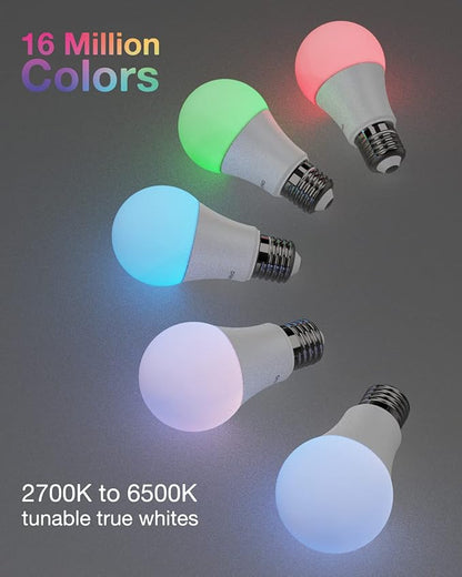 RGBWW Bluetooth Mesh Smart LED Light Bulbs, 7.5W 730 Lumens 60W Equivalent, 16 Million Colors, 2700k to 6500k Tunable White, App-Enabled, A19 E26, 2 Pack