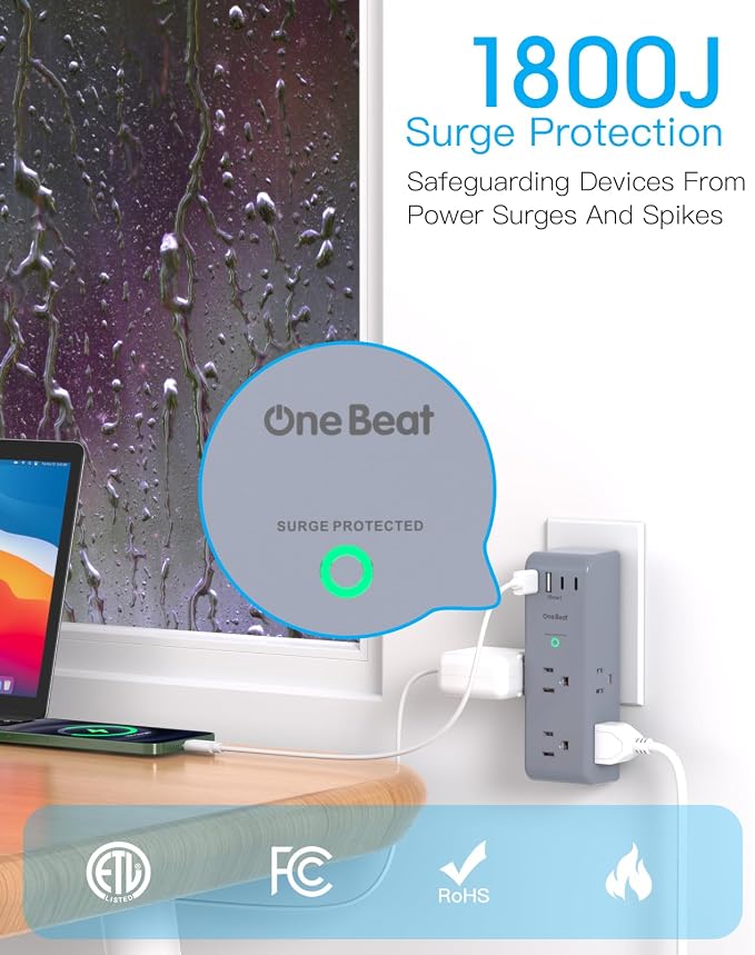 Surge Protector Outlet Extender, Multi Plug Wall Outlet, Rotating Plug,Grey