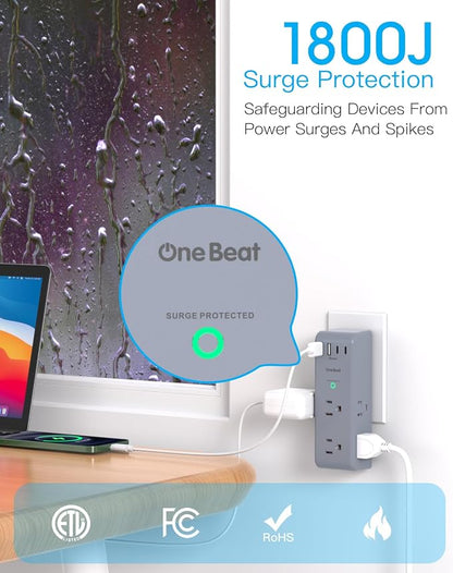 Surge Protector Outlet Extender, Multi Plug Wall Outlet, Rotating Plug,Grey
