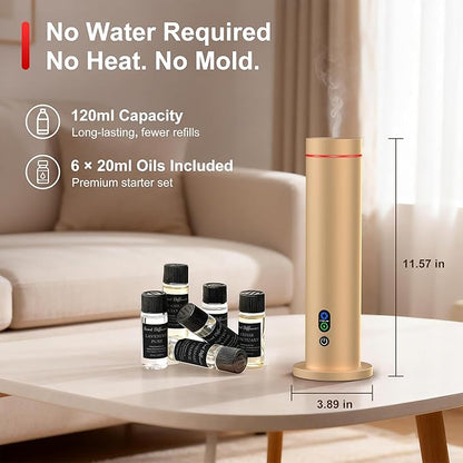 Maromalife Waterless Diffuser, Essential Oil Diffuser, 1000 Sq.Ft Coverage Scent Diffuser – Plug-in Only, Adjustable Mist, Remote, Mood Lights for Home & Office, Large Room, Hotel, Gold