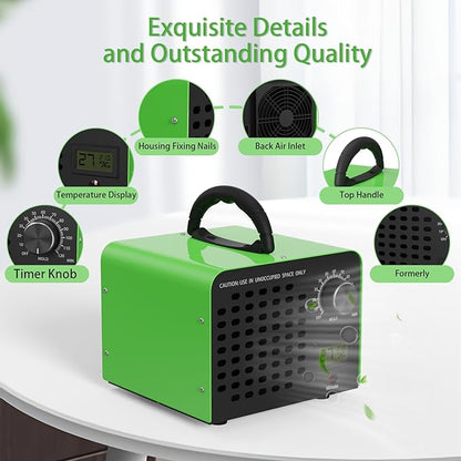 Ozone Generator 60,000 mg/h, Portable O3 air purifiers for home, Car, Office & Industrial, Ozone machine odor Removal for Smoke, Pet Odor Eliminator, 120min Timer & Safety Auto-Off, Green