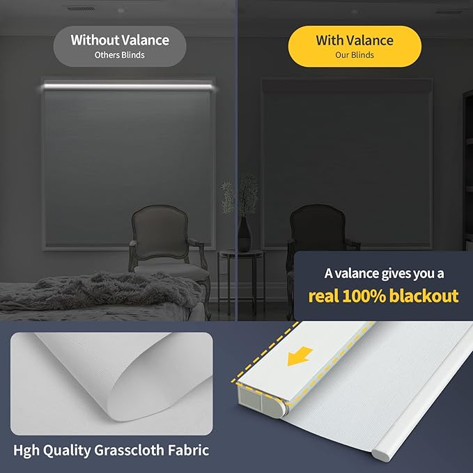 Motorized Blinds with Remote, Grasscloth Fabric Smart Blinds with Valance Cover, Cordless Automatic Roller Shades, Blackout Electric Blinds for Windows,Bright White 30" W x 72" H