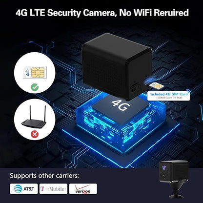 4G LTE Cellular Wireless Security Camera, with SIM Card and Memory Card, 2K HD Mini No WiFi Camera, Auto Night Vision, Real-Time Notifications,Portable Battery Operated Small Camera