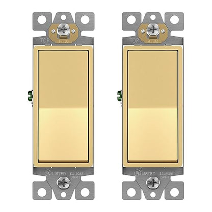 ENERLITES Elite Series Decorator Rocker Light Switch, 15A 120V/277V, Gloss Finish, Single Pole, 3 Wire, Grounding Screw, Residential Grade, UL Listed, 91150-GD2P, Gold Color (2 Pack)
