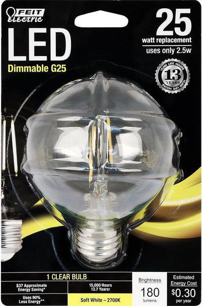 Feit Electric - Decorative Clear Glass Filament LED Dimmable 25W Equivalent Soft White (2700K) G25 Globe Light Bulb (BPG2525/827/LED), Standard Clear