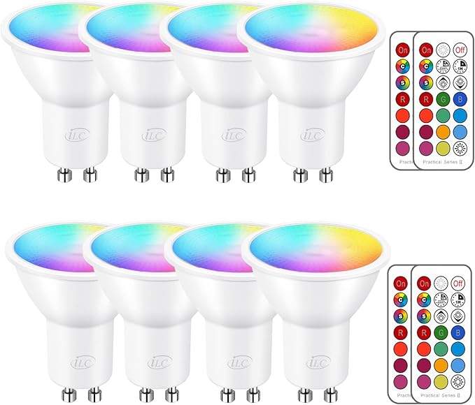 ILC GU10 LED Light Bulb 40 Watt Equivalent Color Changing 12 Colors 5W Dimmable Warm White 2700K RGB LED Light Bulbs with Remote Control (Pack of 8)