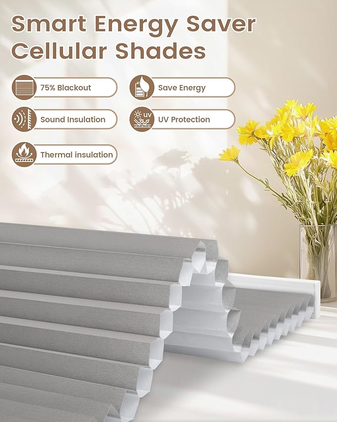 Kincmo Motorized Cellular Shades, Custom Motorized Blinds with Remote, Cordless Smart Electric Honeycomb Blinds Work with Apple HomeKit, Alexa, Google (75%-Blackout-Single-Cell Grey)