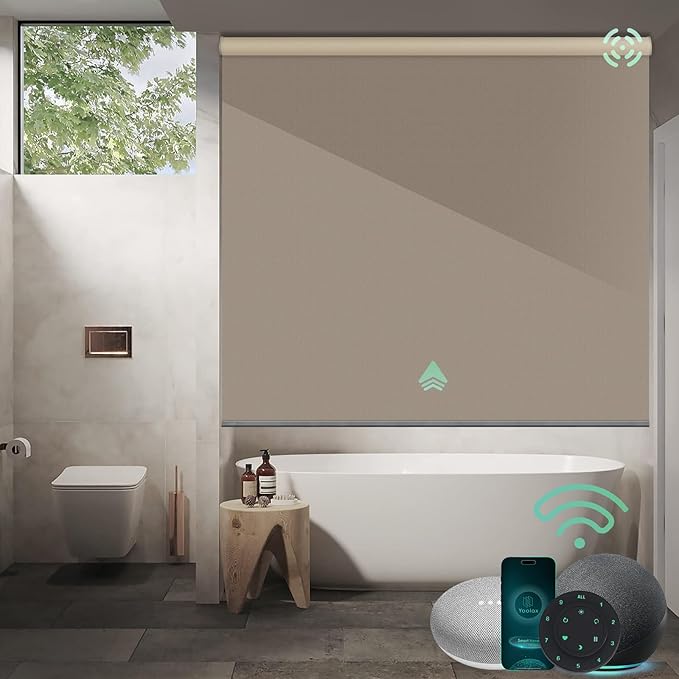 Yoolax Motorized Shower Roller Shades for Bathroom with Remote Control, Automatic Heavy Duty Thick Fabric Shower Curtain Compatible with Alexa, Blackout Battery Solar Powered Blind Custom (Coffee)