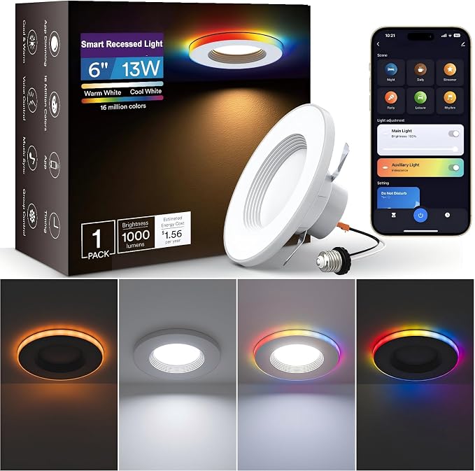 Smart Retrofit Recessed Lighting 6 Inch, Dimmable Alexa Ceiling Light, 1PC | Individual Contol Round-Ring Lighting, Wi-Fi Bluetooth Connect, Anti-Glare Baffle Trim, Color Changing for Bedroom
