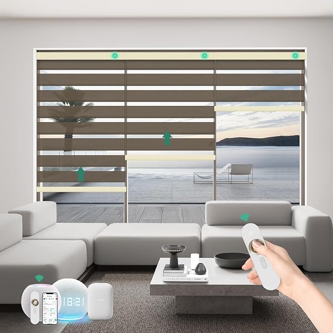 Motorized Zebra Blinds with Remote, Work with HomeKit Alexa Automatic Electric Window Shades 90% Blackout Light Filtering for Smart Home and Office, Customized Size Sheen Brown
