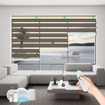 Motorized Zebra Blinds with Remote, Work with HomeKit Alexa Automatic Electric Window Shades 90% Blackout Light Filtering for Smart Home and Office, Customized Size Sheen Brown