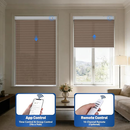 Motorized Cellular Shades with Remote, Light Filtering Smart Cellular Shades Compatible with Alexa, Honeycomb Window Blinds for Bedroom Home Office, Custom Size, Half Shading Brown